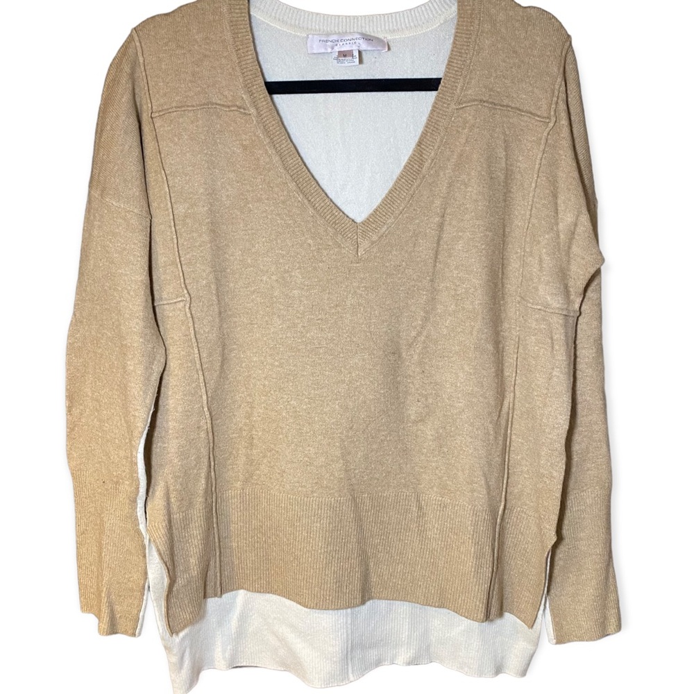 French Connection Tan Cream Colour Block Angora Wool Blend Sweater Size Medium